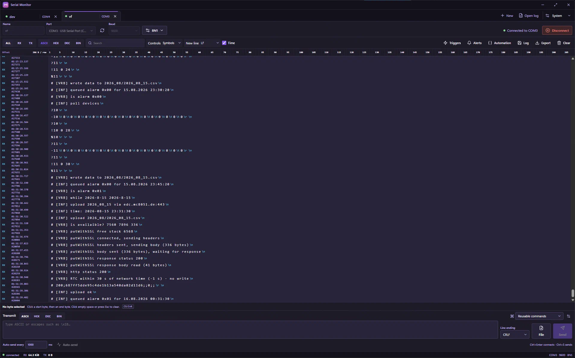 Hexwire mit zwei Verbindungs-Tabs, Zeitstempeln und dem laufenden RX-Stream eines Messgeräts