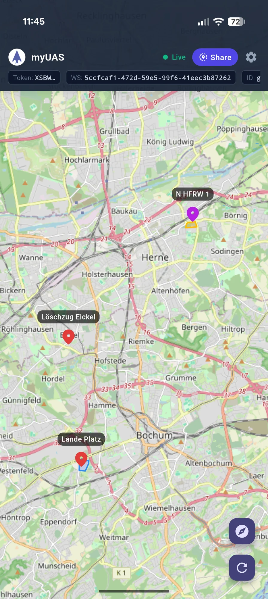 Kartenansicht der mobilen myUAS-App mit aktiven Einheiten