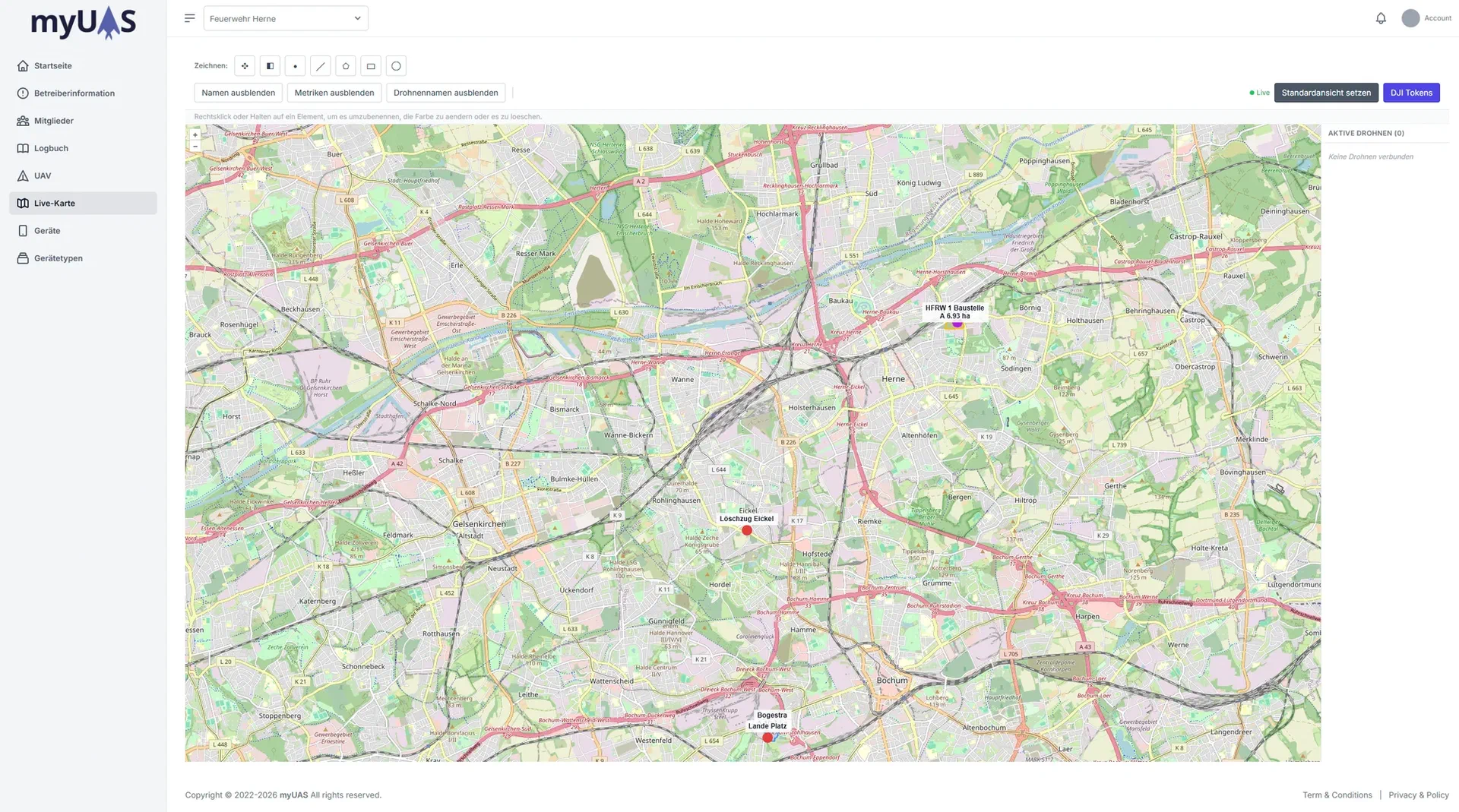 Live-Karte mit Drohnen, taktischen Zeichen und Bodentruppen